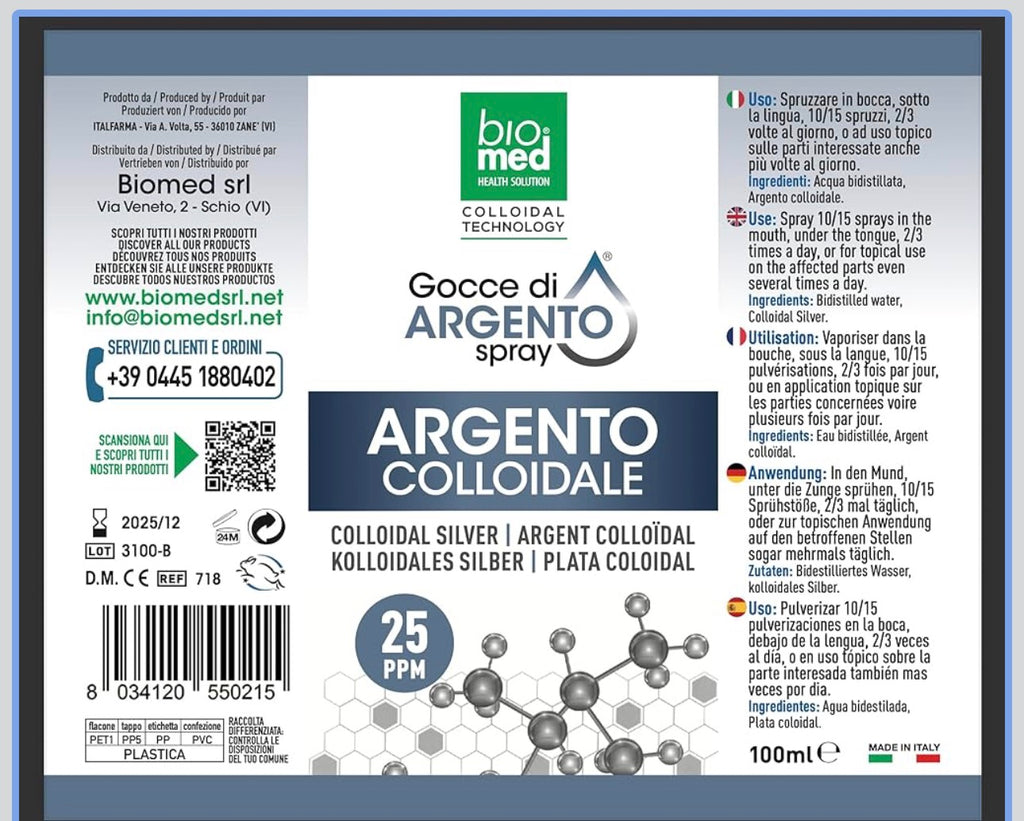 💎 Biomed Argento Colloidale 25 ppm – Spray Puro per Uso Quotidiano e Veterinario