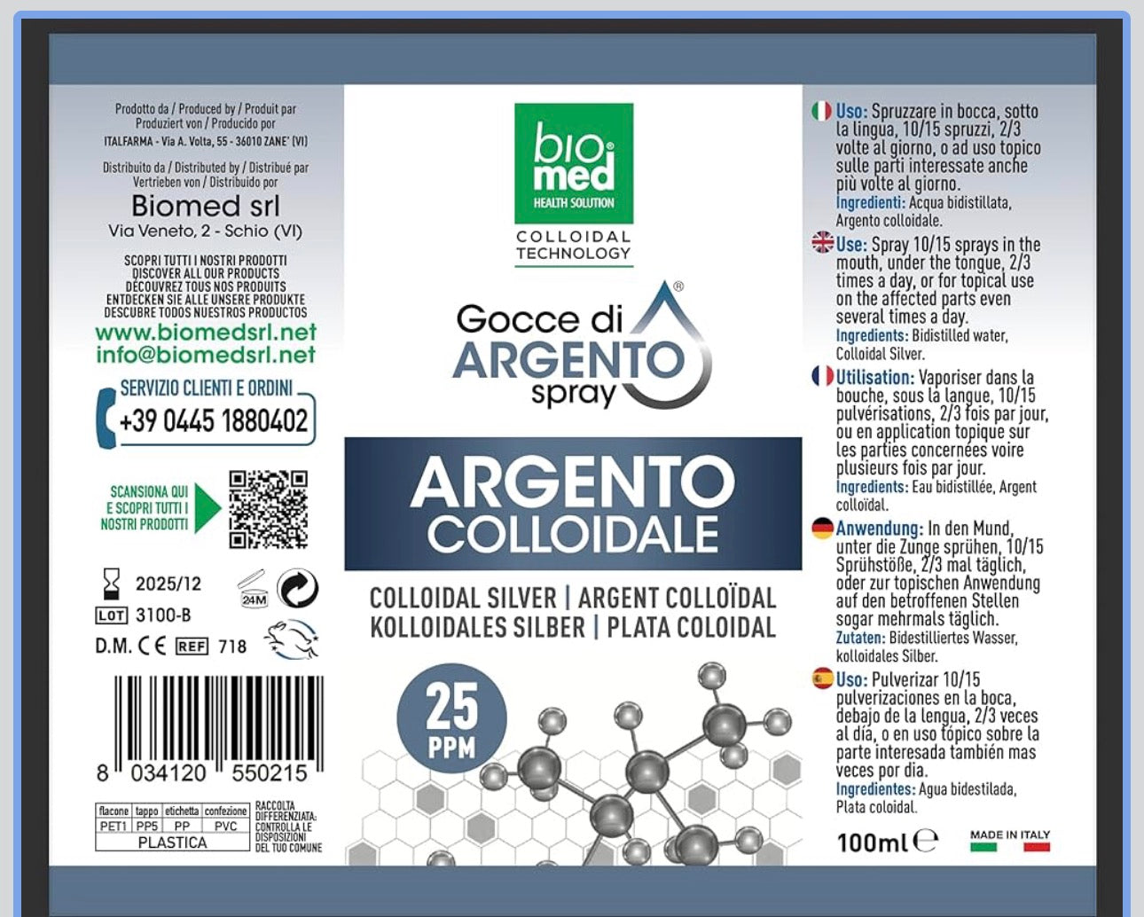 💎 Biomed Argento Colloidale 25 ppm – Spray Puro per Uso Quotidiano e Veterinario
